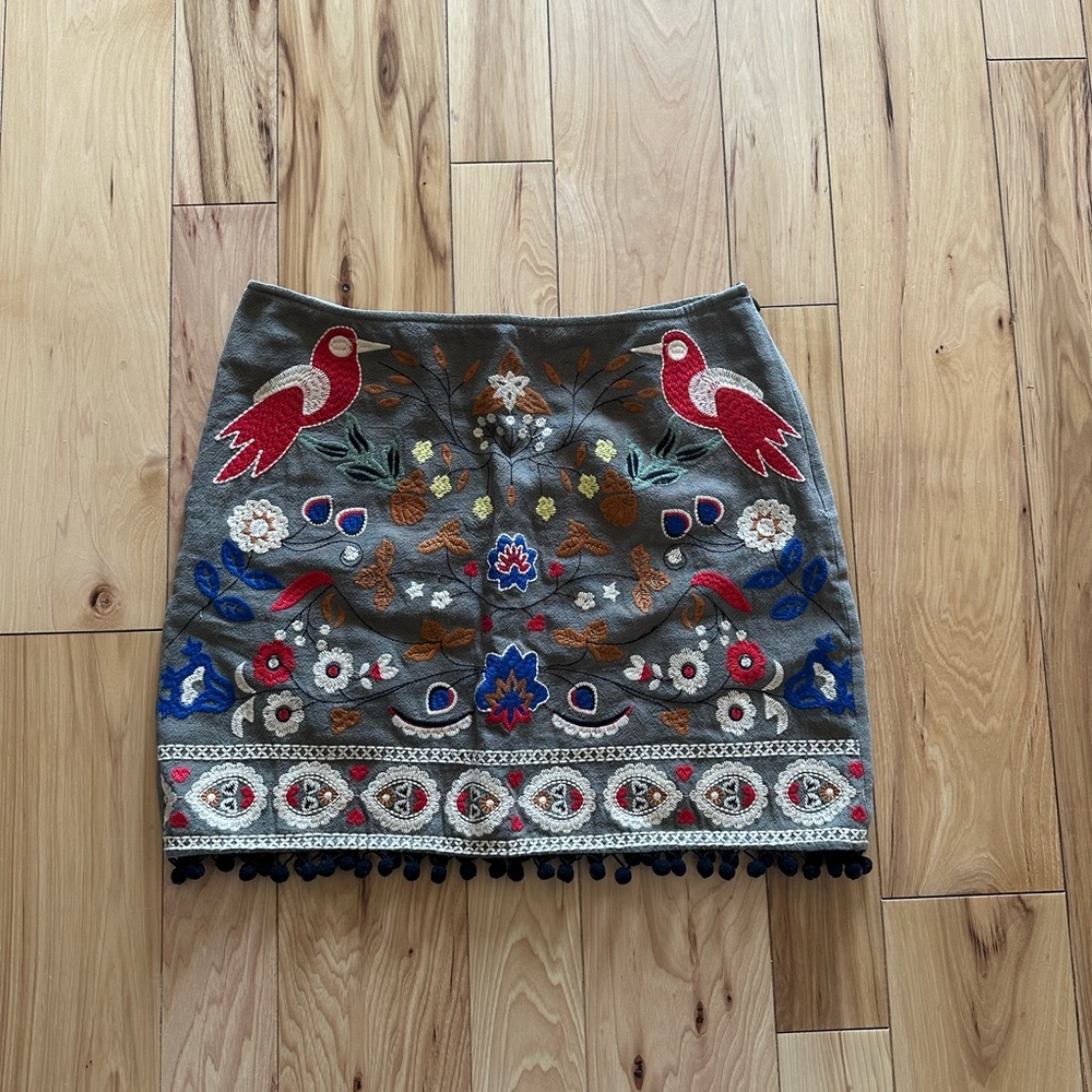 Umgee Embroidered Gray Skirt with Red Accents